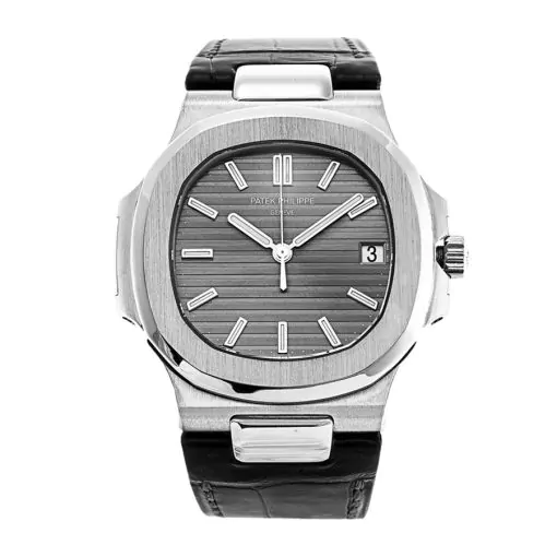 patek-philippe-nautilus-steel-blak-dial-leather-replica-watch